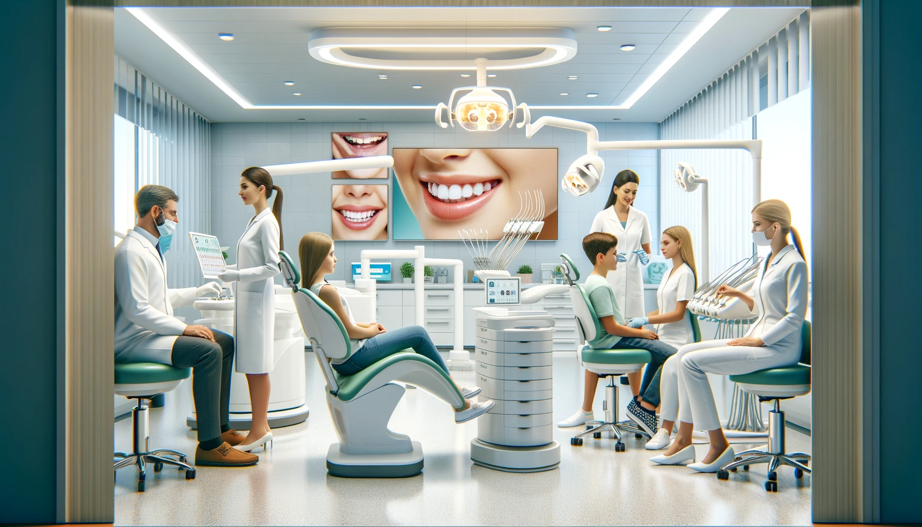 A modern orthodontic clinic in Dallas with patients receiving treatments.